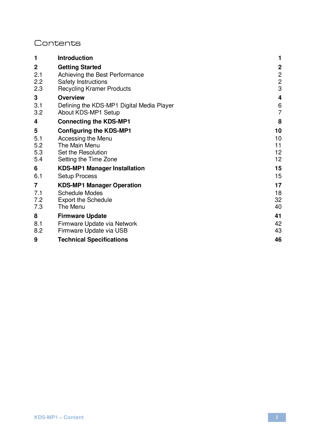 Kramer Electronics KDS-MP1 user manual Contents 