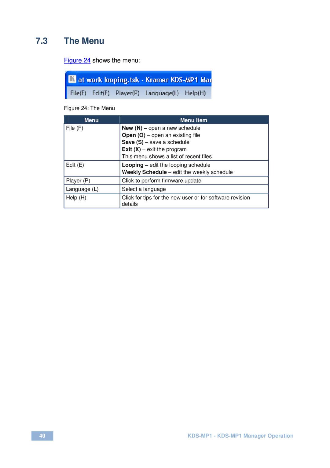 Kramer Electronics KDS-MP1 user manual Menu Menu Item 