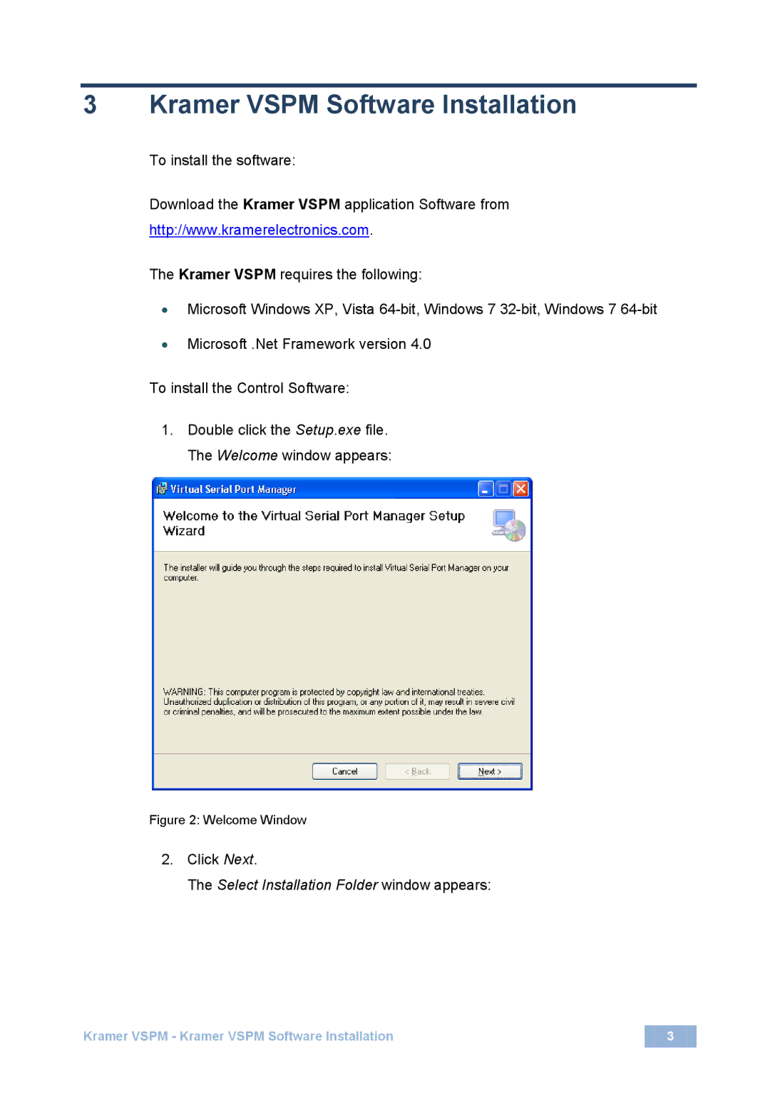 Kramer Electronics P, N: 2900-300125 Rev 2 Kramer Vspm Software Installation, Select Installation Folder window appears 