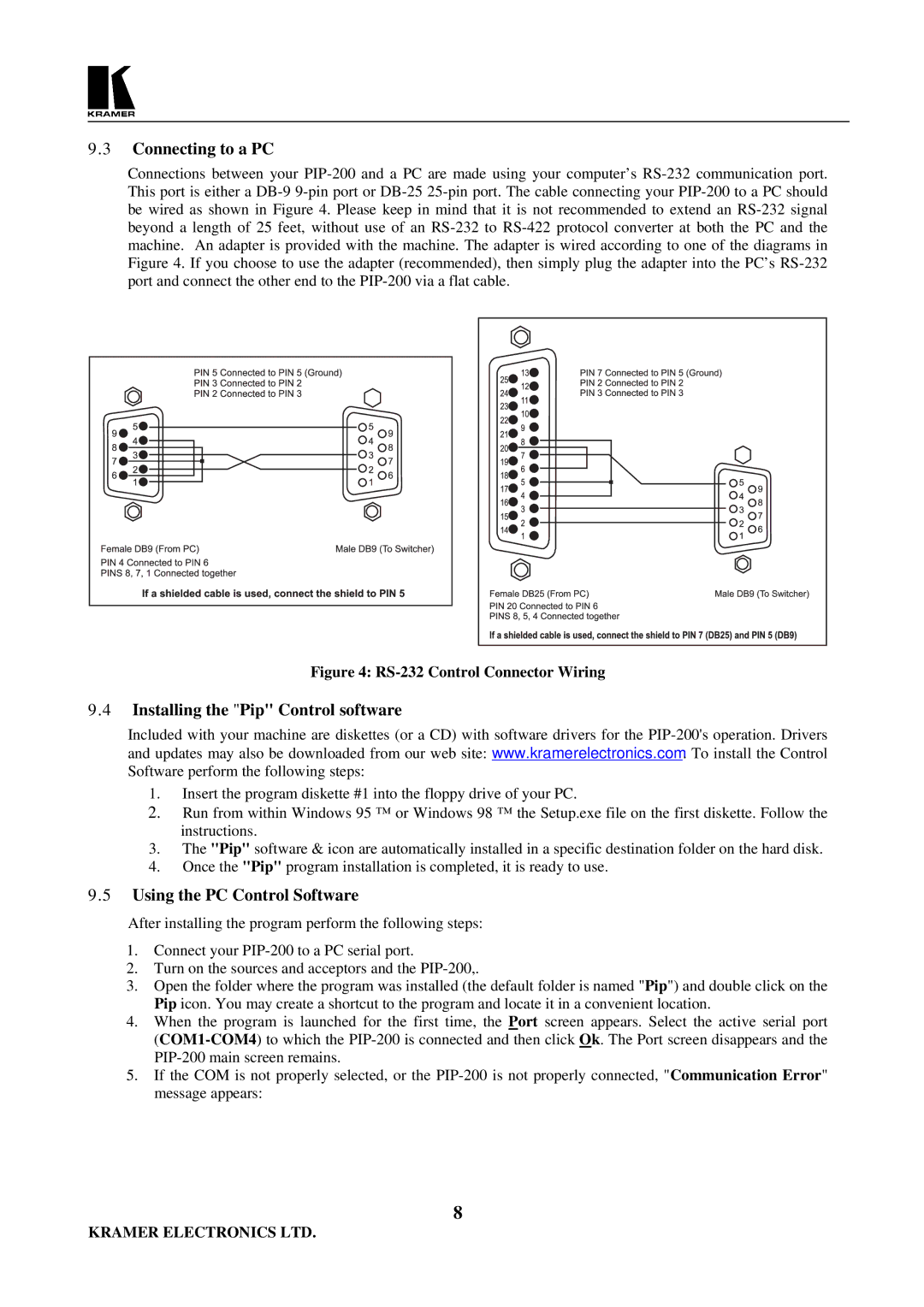 Kramer Electronics PIP-200 Connecting to a PC, Installing the Pip Control software, Using the PC Control Software 