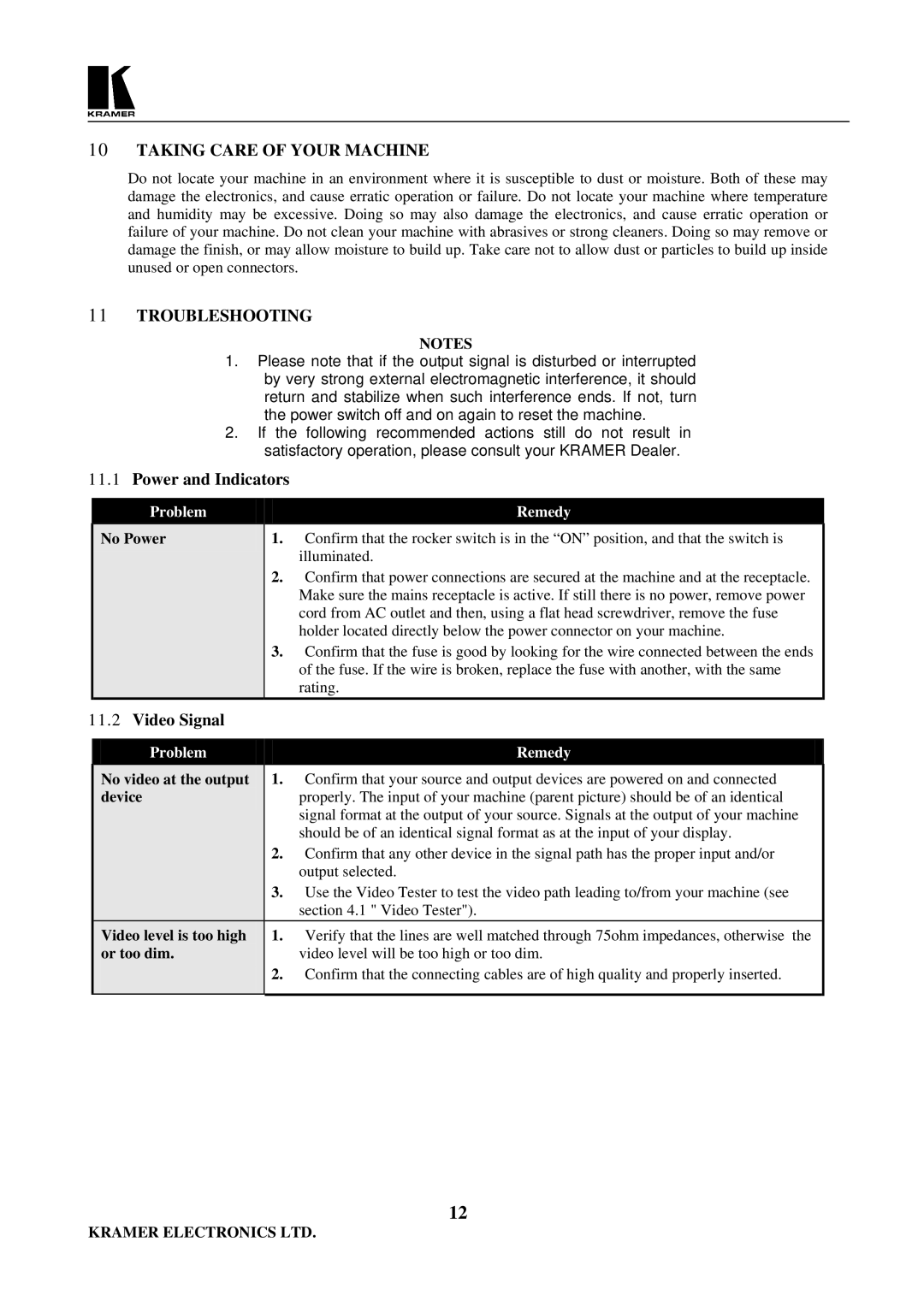 Kramer Electronics PIP-200 user manual Taking Care of Your Machine, Troubleshooting, Power and Indicators, Video Signal 