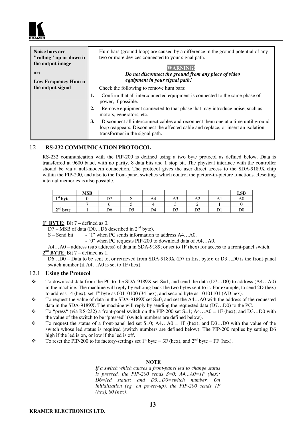 Kramer Electronics PIP-200 user manual 12 RS-232 Communication Protocol, Using the Protocol 