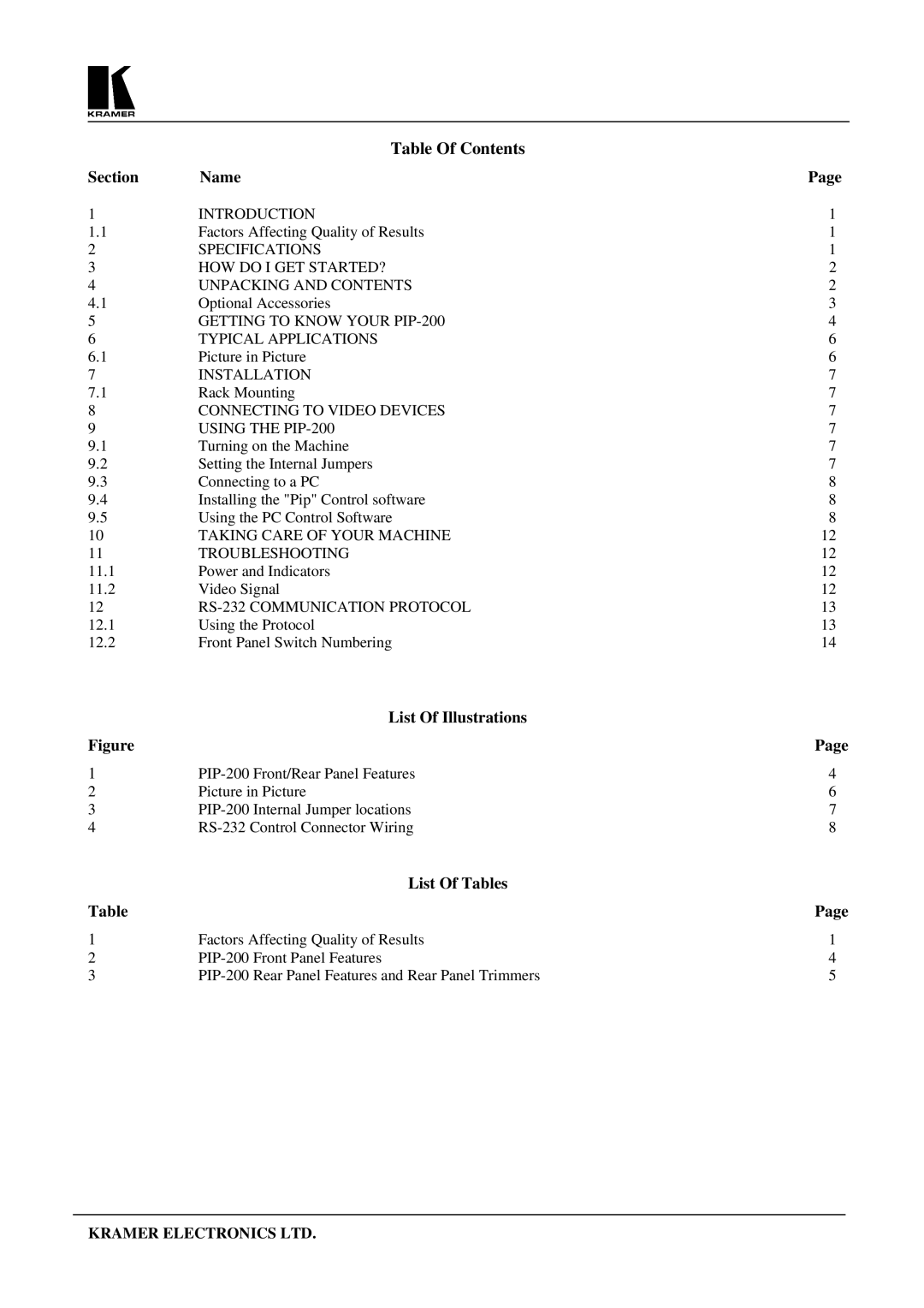 Kramer Electronics PIP-200 user manual Table Of Contents 