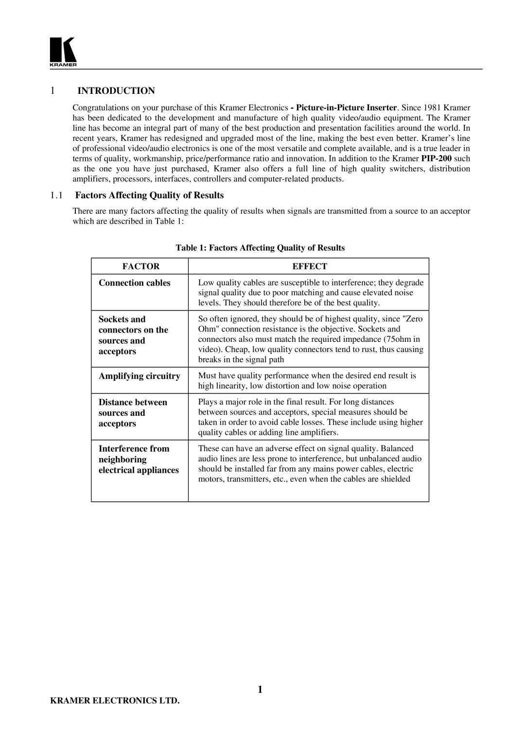 Kramer Electronics PIP-200 user manual Introduction, Factors Affecting Quality of Results 