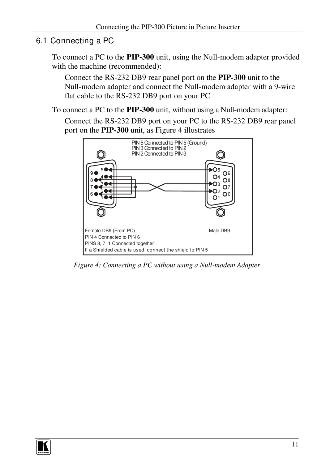 Kramer Electronics PIP-300, PIP-200xl user manual Connecting a PC without using a Null-modem Adapter 