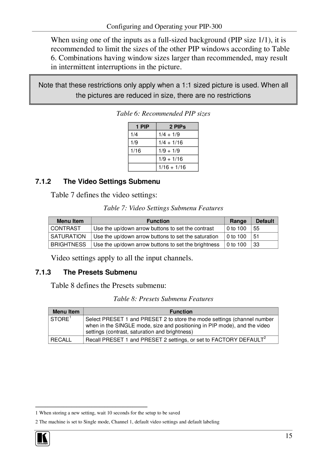 Kramer Electronics PIP-300, PIP-200xl Recommended PIP sizes, Video Settings Submenu Features, Presets Submenu Features 