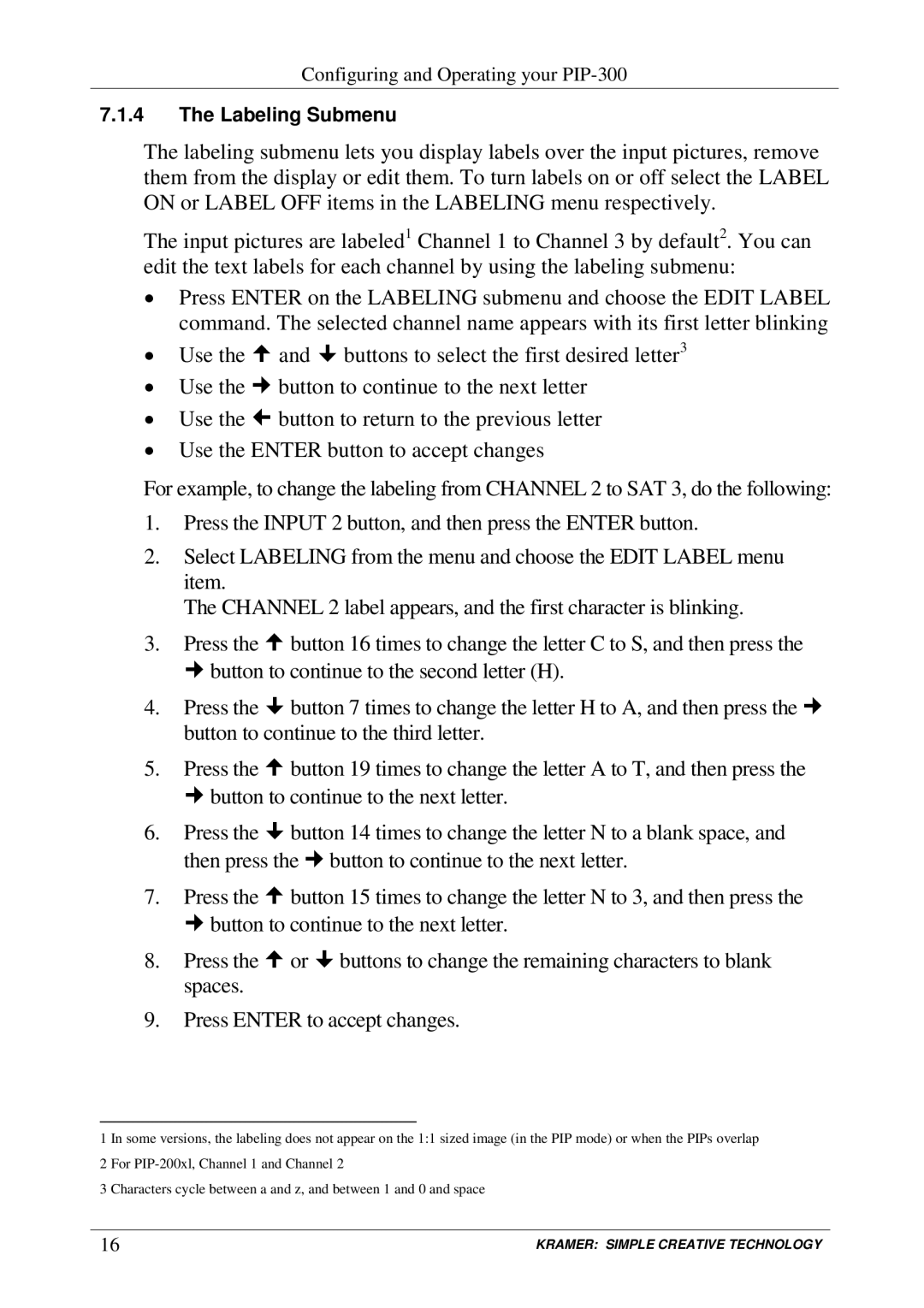 Kramer Electronics PIP-200xl, PIP-300 user manual Labeling Submenu 