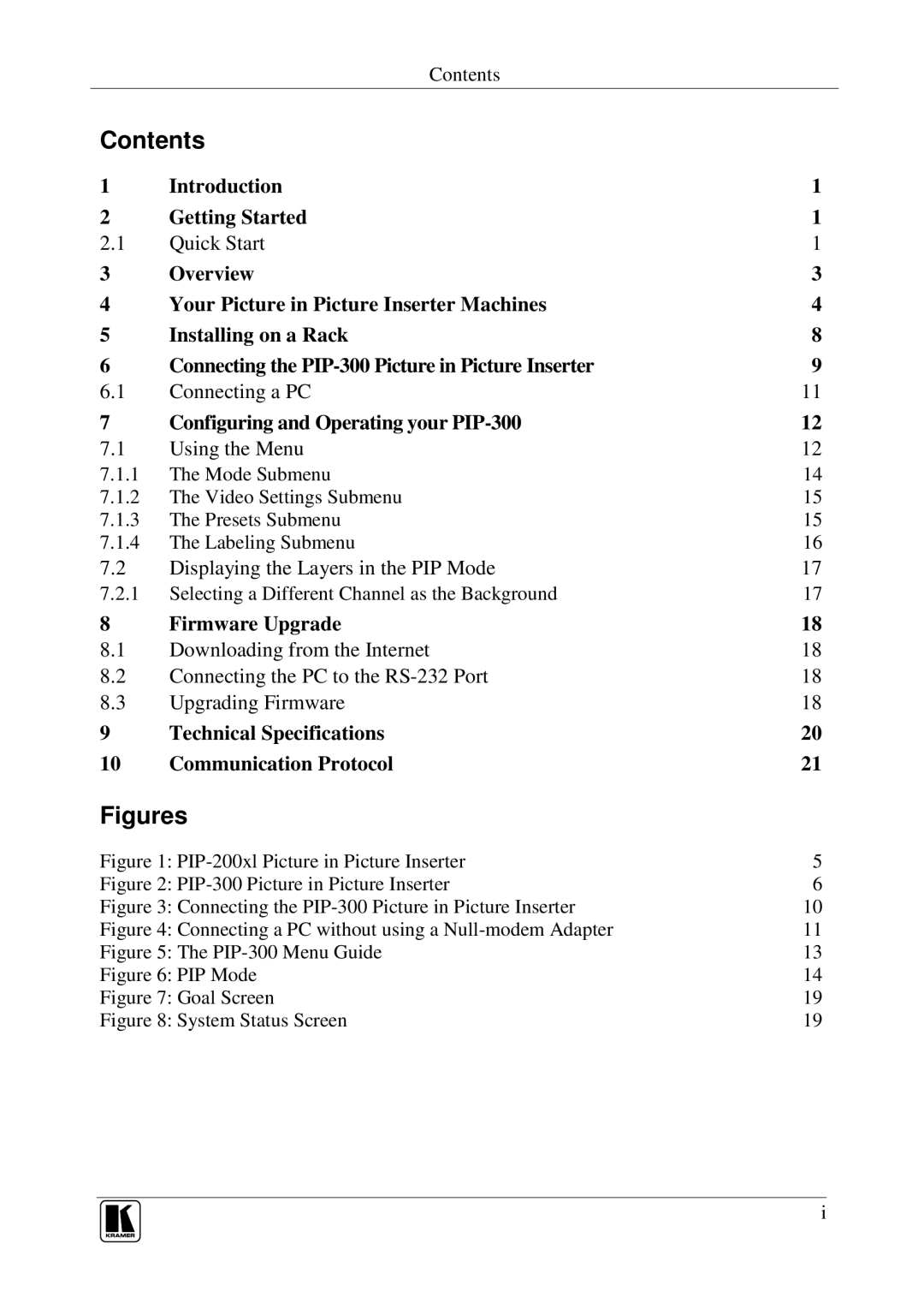 Kramer Electronics PIP-300, PIP-200xl user manual Contents, Figures 