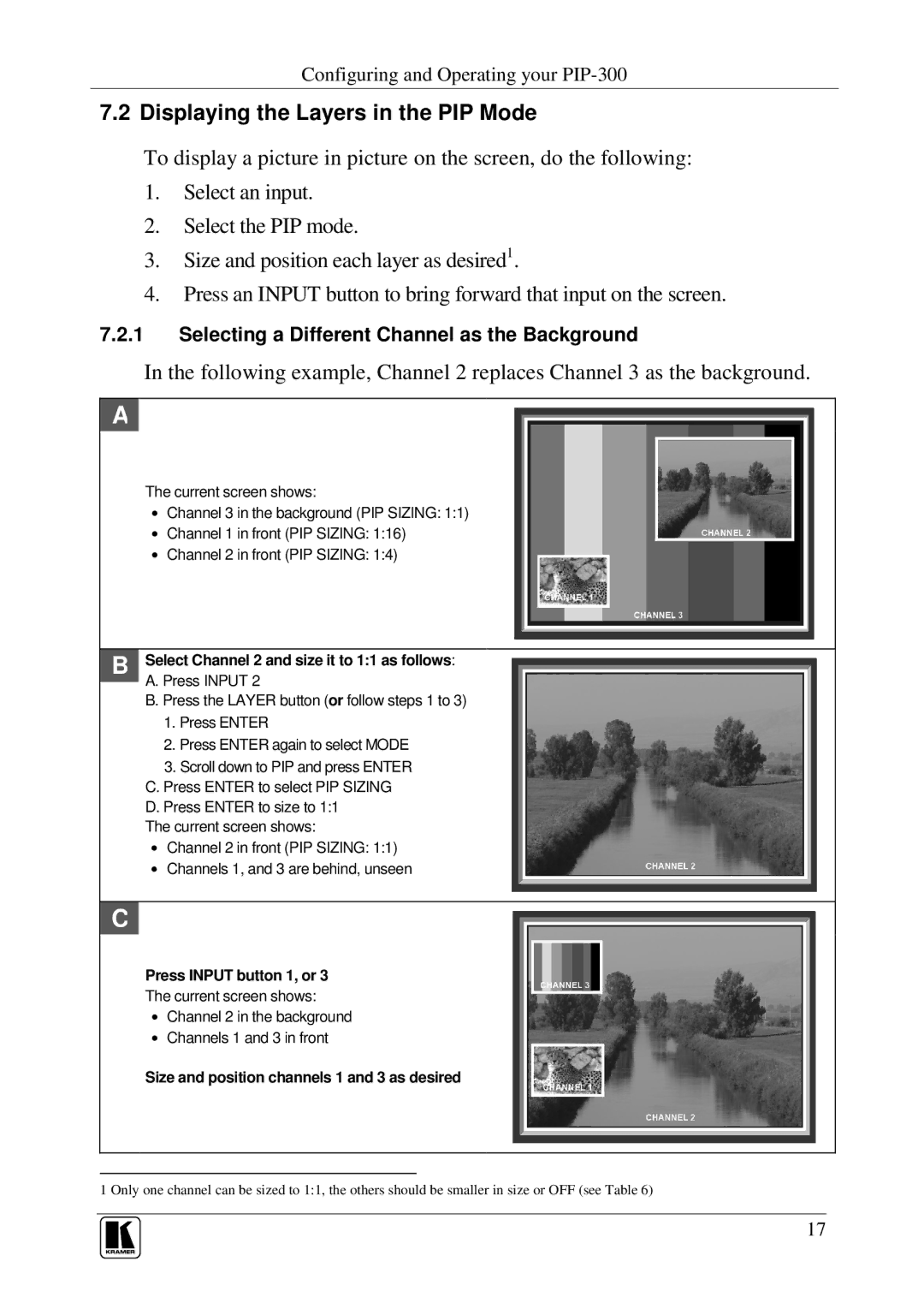 Kramer Electronics PIP-300, PIP-200xl user manual Displaying the Layers in the PIP Mode, Press Input button 1, or 