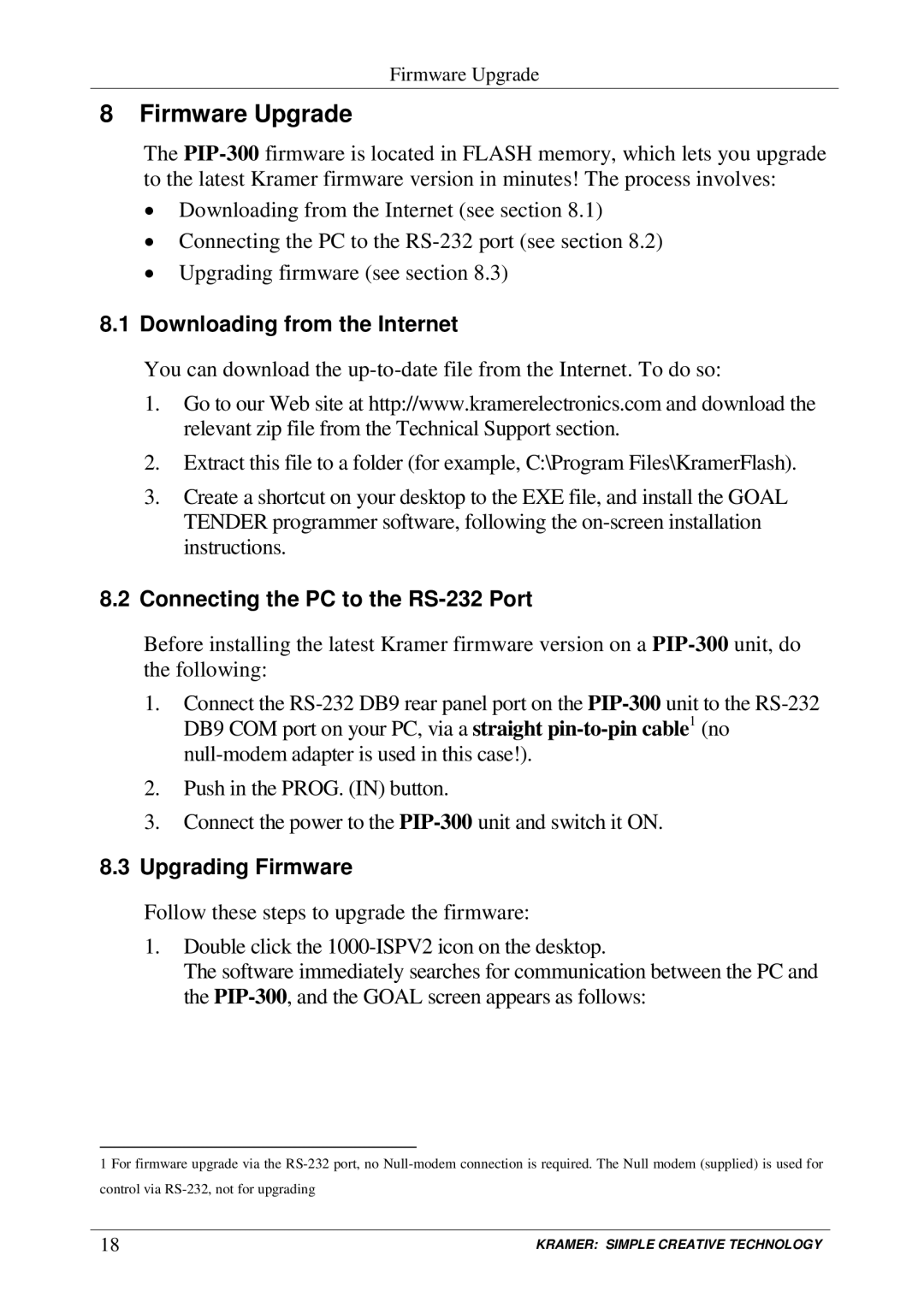 Kramer Electronics PIP-200xl Firmware Upgrade, Downloading from the Internet, Connecting the PC to the RS-232 Port 