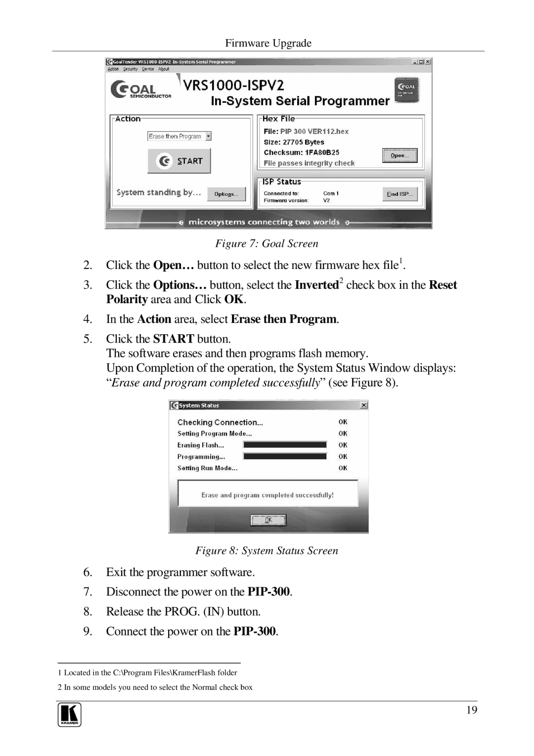 Kramer Electronics PIP-300, PIP-200xl user manual Action area, select Erase then Program 