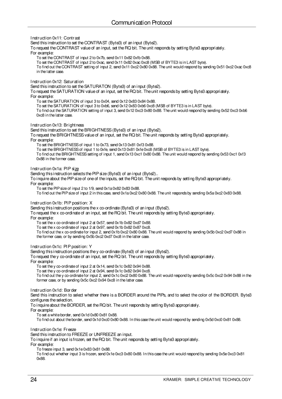 Kramer Electronics PIP-200xl, PIP-300 user manual Instruction 0x11 Contrast 