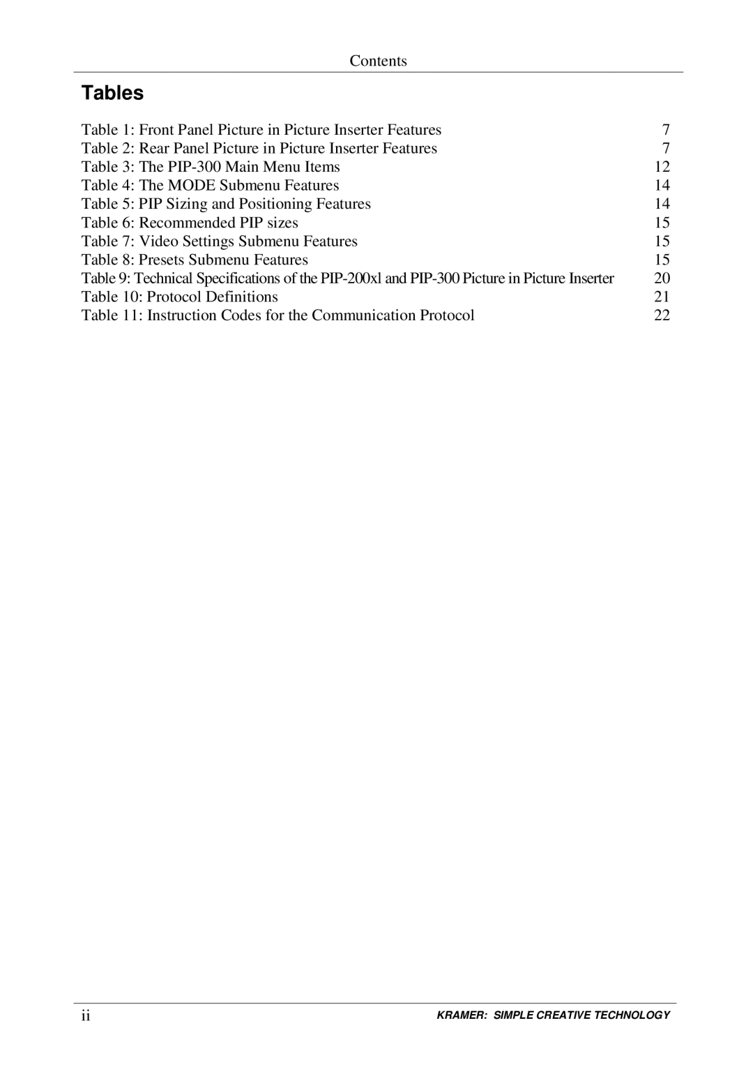 Kramer Electronics PIP-200xl, PIP-300 user manual Tables 