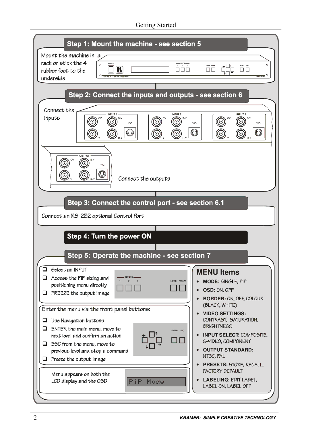 Kramer Electronics PIP-200xl, PIP-300 user manual Menu Items 