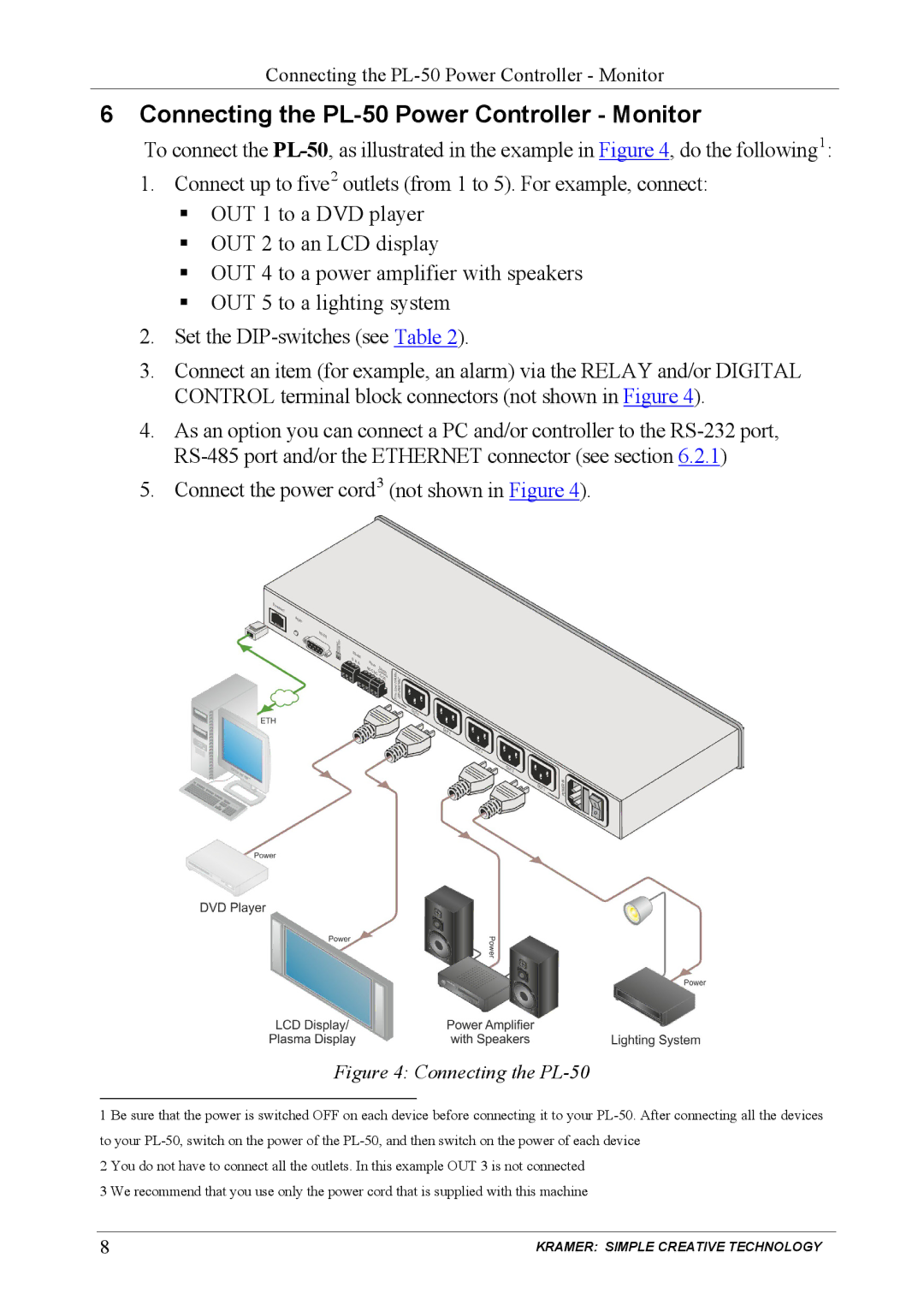 Kramer Electronics PL-150 user manual Connecting the PL-50 Power Controller Monitor 