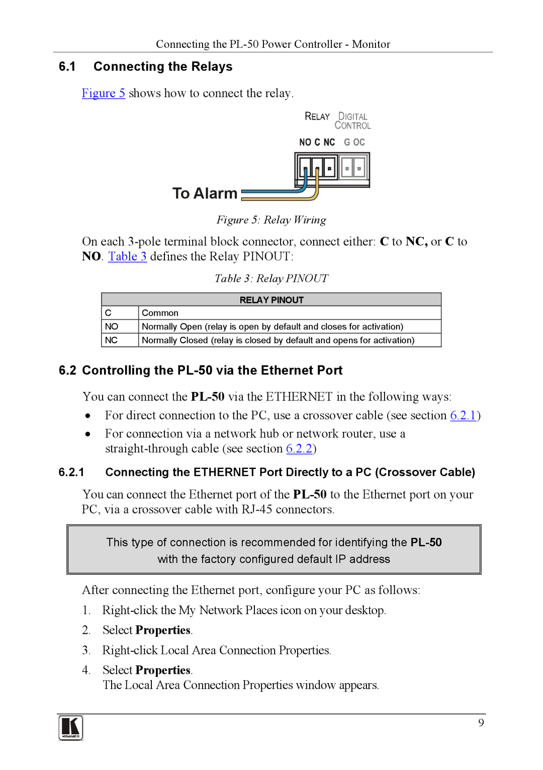 Kramer Electronics PL-150 user manual Connecting the Relays, Controlling the PL-50 via the Ethernet Port, Relay Pinout 