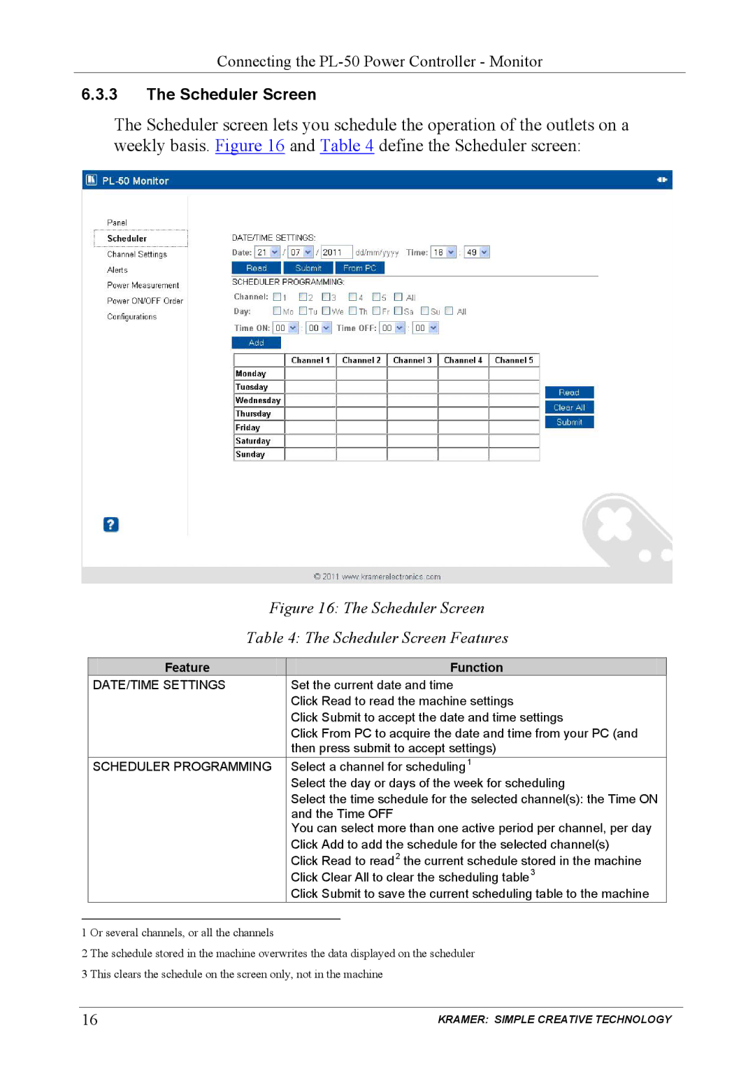 Kramer Electronics PL-150 user manual Scheduler Screen Features 