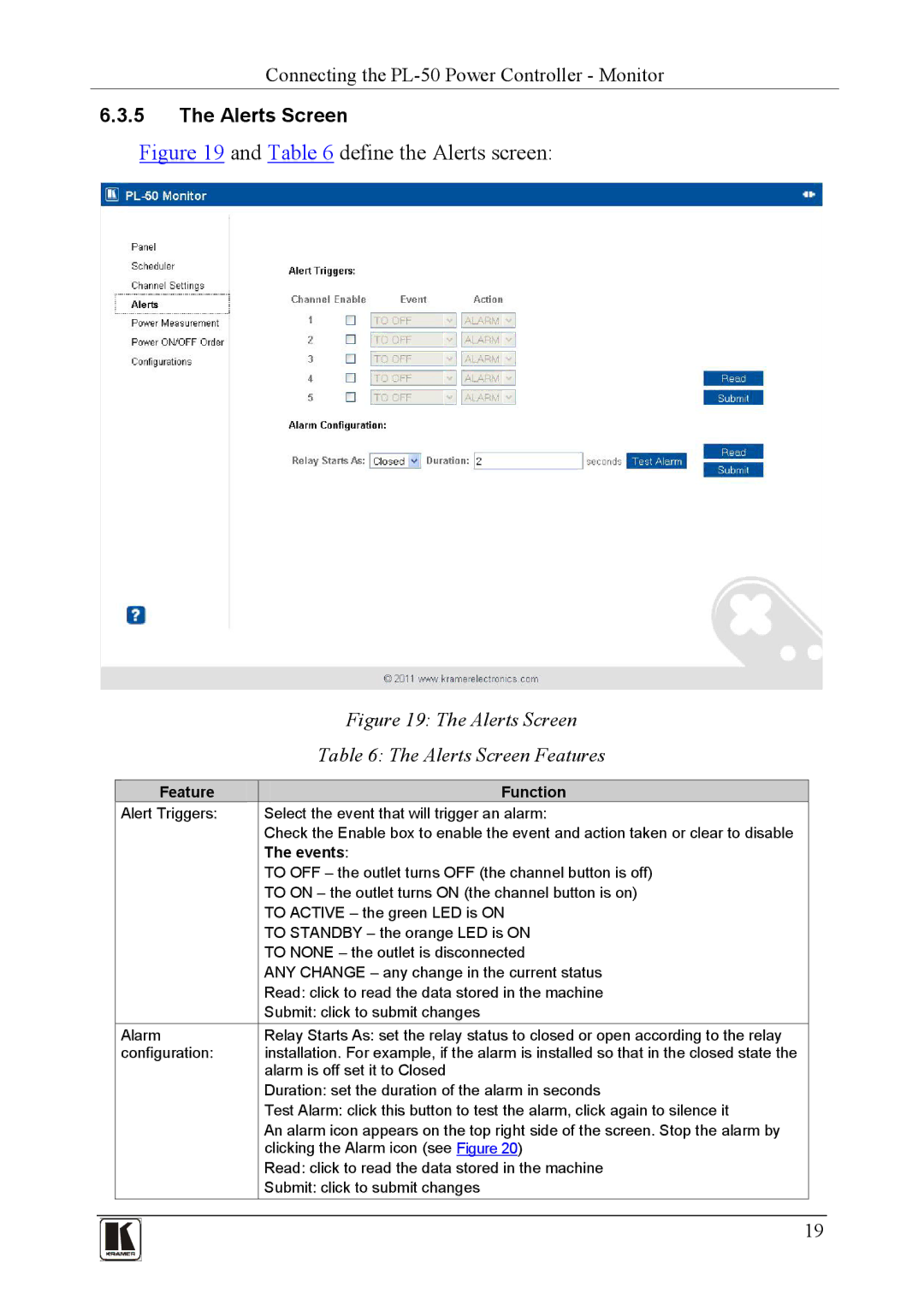 Kramer Electronics PL-150 user manual Define the Alerts screen, Alerts Screen Features 