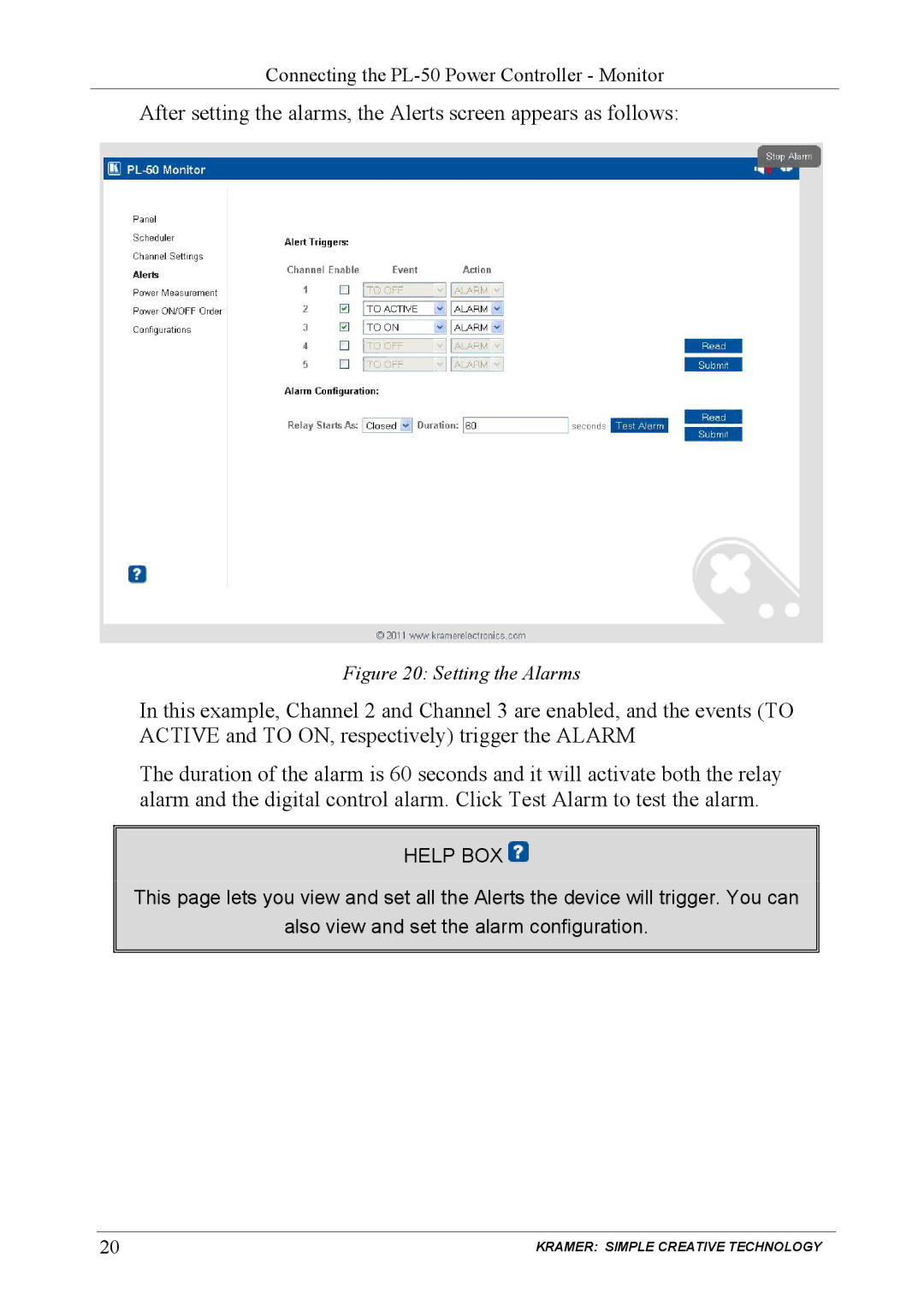 Kramer Electronics PL-150 user manual Setting the Alarms 