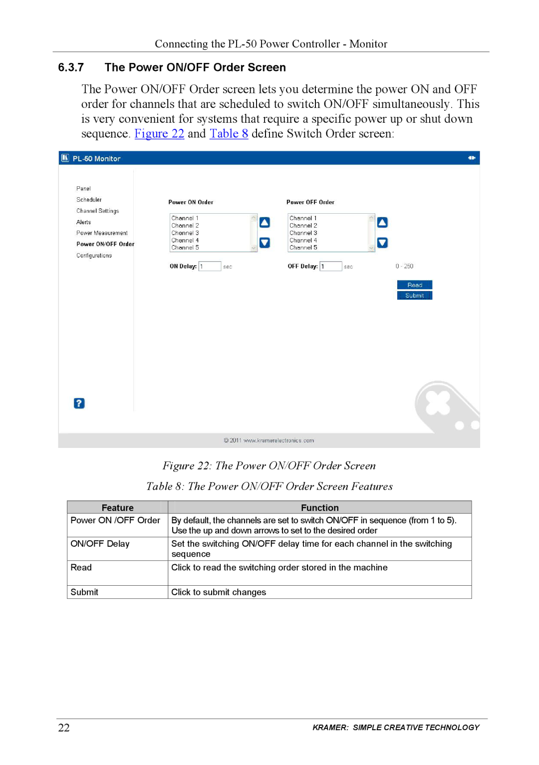 Kramer Electronics PL-150 user manual Power ON/OFF Order Screen 