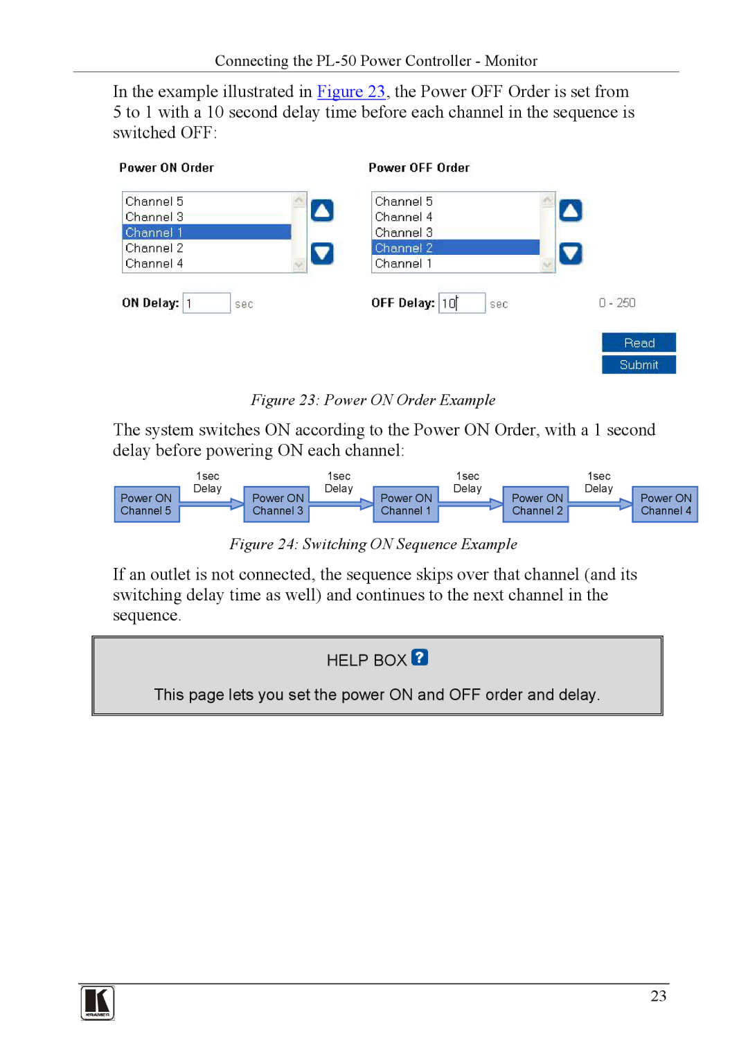 Kramer Electronics PL-150 user manual This page lets you set the power on and OFF order and delay 