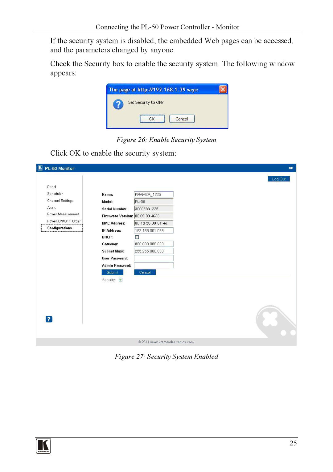 Kramer Electronics PL-150 user manual Enable Security System, Security System Enabled 