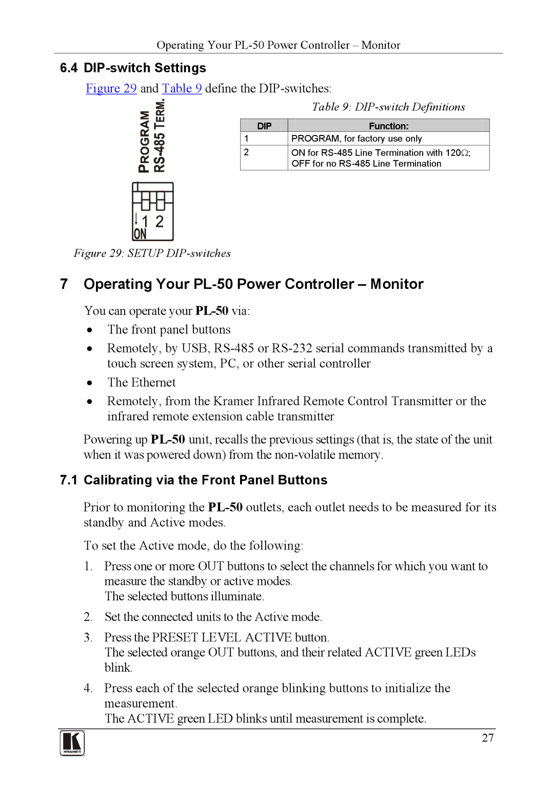 Kramer Electronics PL-150 Operating Your PL-50 Power Controller Monitor, DIP-switch Settings, DIP-switch Definitions, Dip 