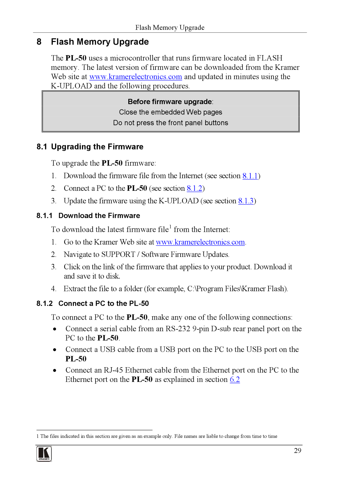 Kramer Electronics PL-150 user manual Flash Memory Upgrade, Upgrading the Firmware 