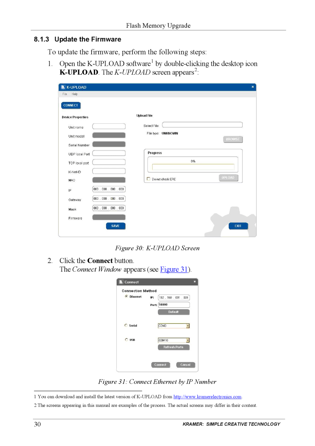 Kramer Electronics PL-150 user manual Click the Connect button Connect Window appears see Figure, Upload Screen 