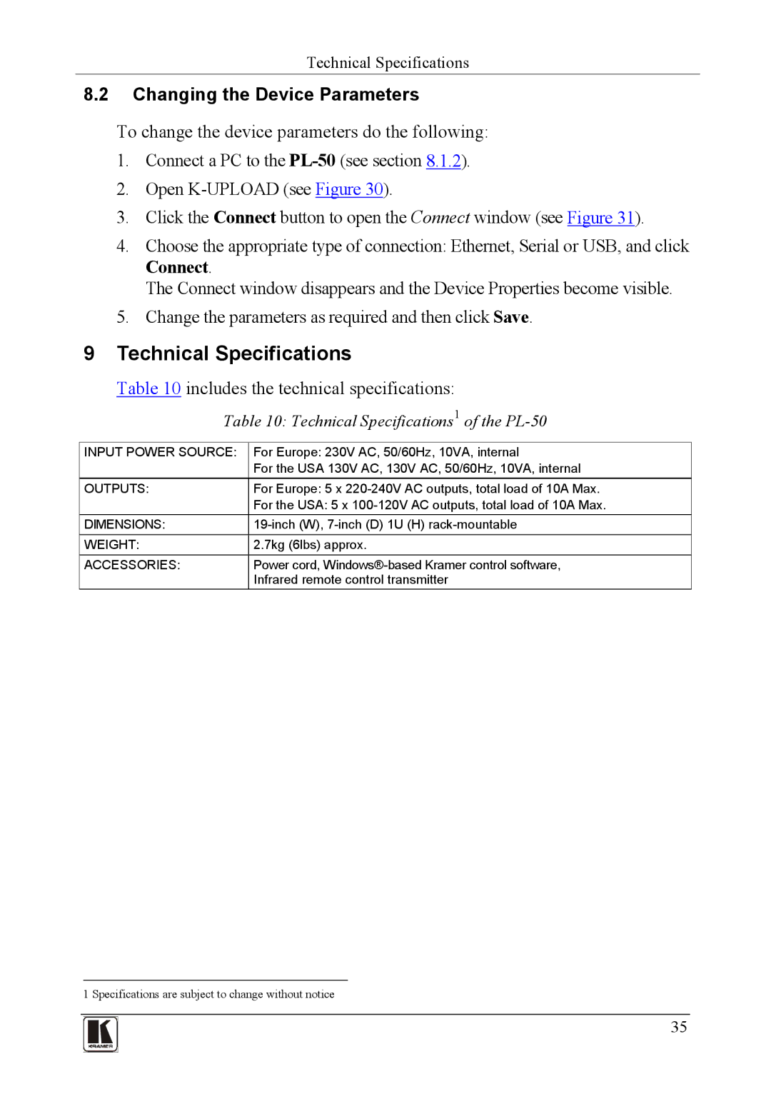 Kramer Electronics PL-150 Technical Specifications, Changing the Device Parameters, Includes the technical specifications 