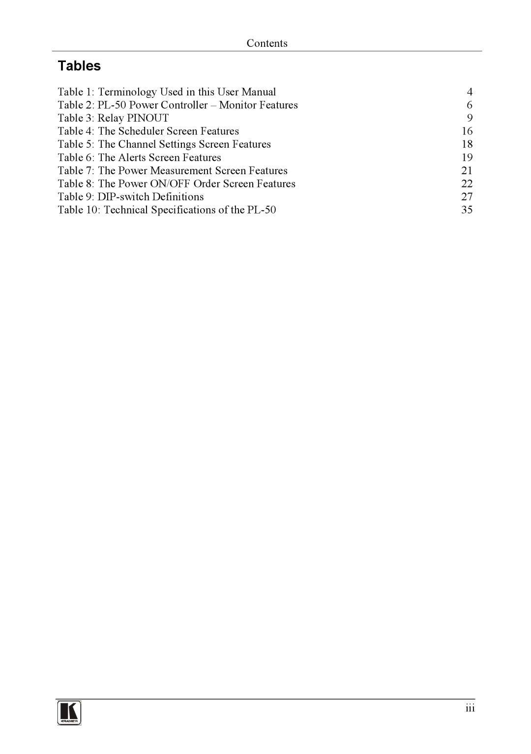 Kramer Electronics PL-150 user manual Tables 