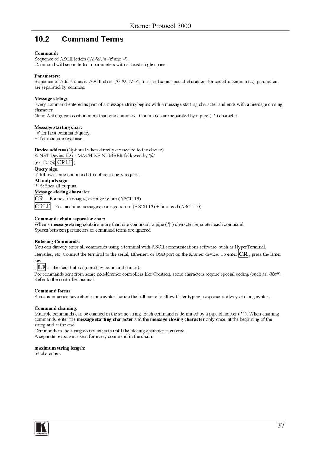 Kramer Electronics PL-150 user manual Command Terms 