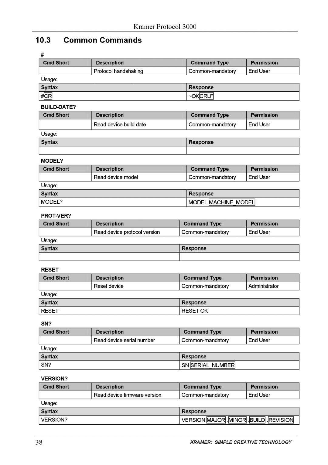 Kramer Electronics PL-150 user manual Common Commands 