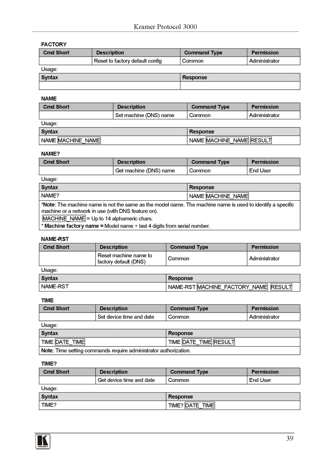 Kramer Electronics PL-150 user manual Factory, Name?, NAME? Name, Name-Rst, Time?, TIME? Datetime 