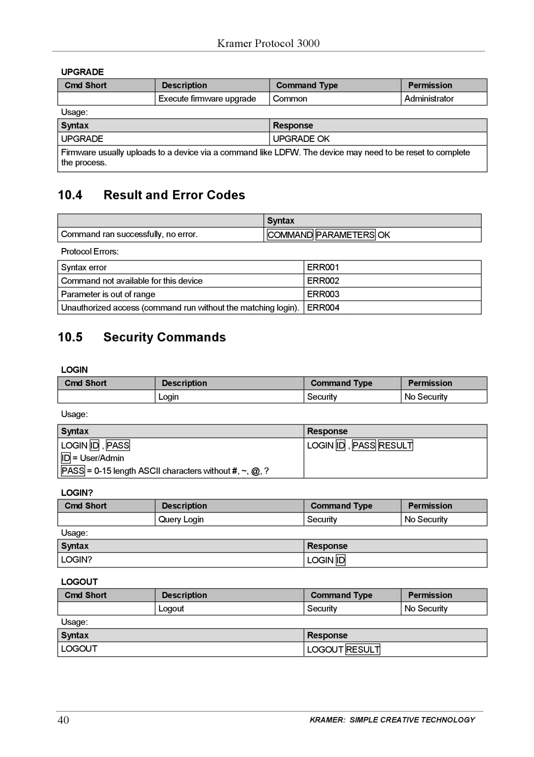 Kramer Electronics PL-150 user manual Result and Error Codes, Security Commands 