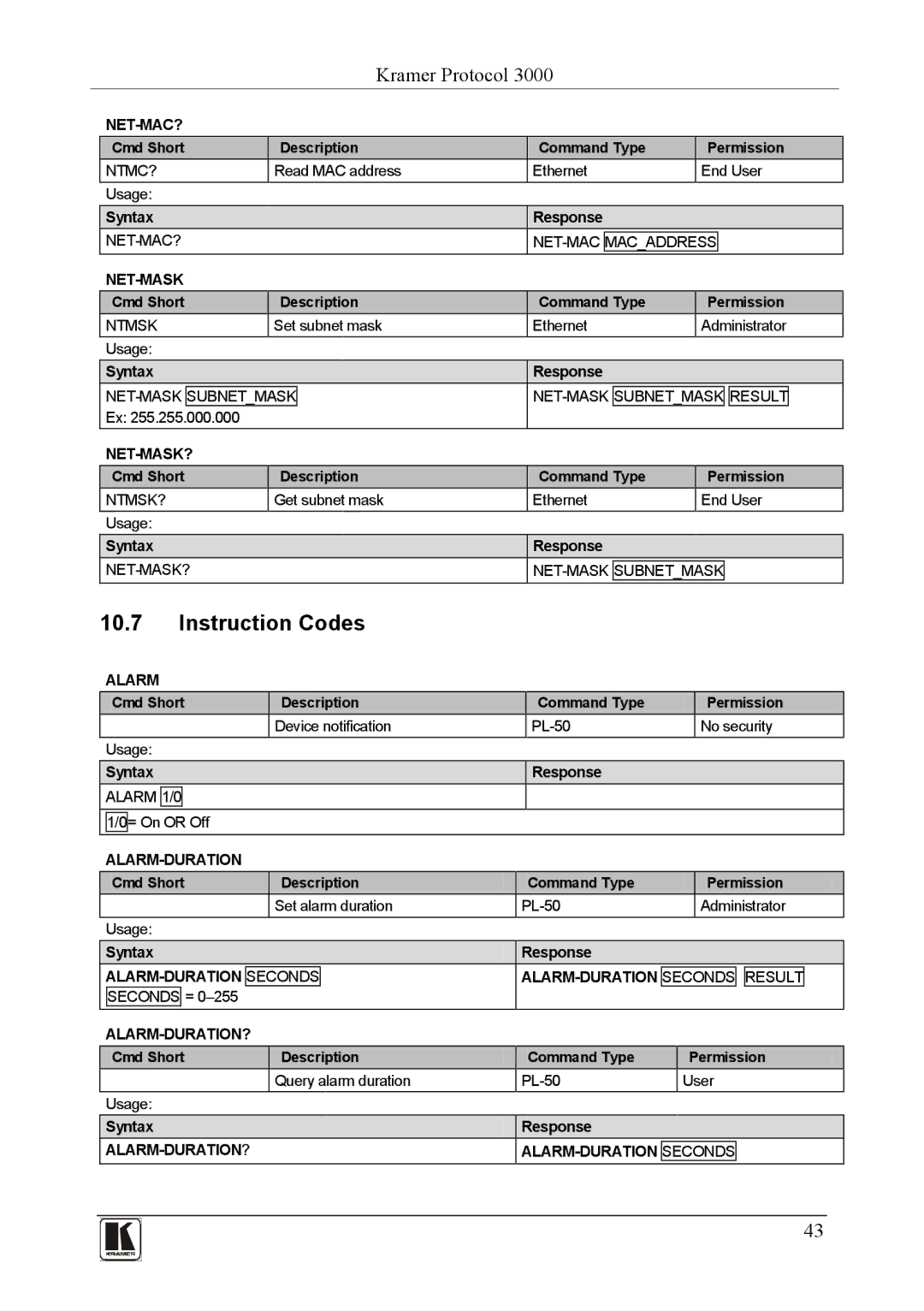 Kramer Electronics PL-150 user manual Instruction Codes 