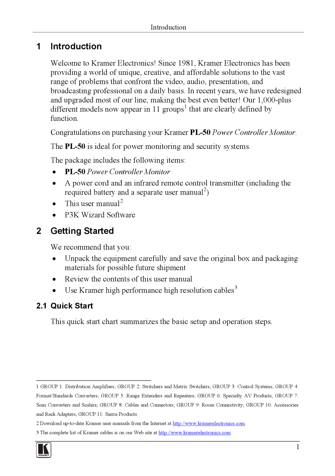Kramer Electronics PL-150 user manual Introduction, Getting Started, P3K Wizard Software, Quick Start 