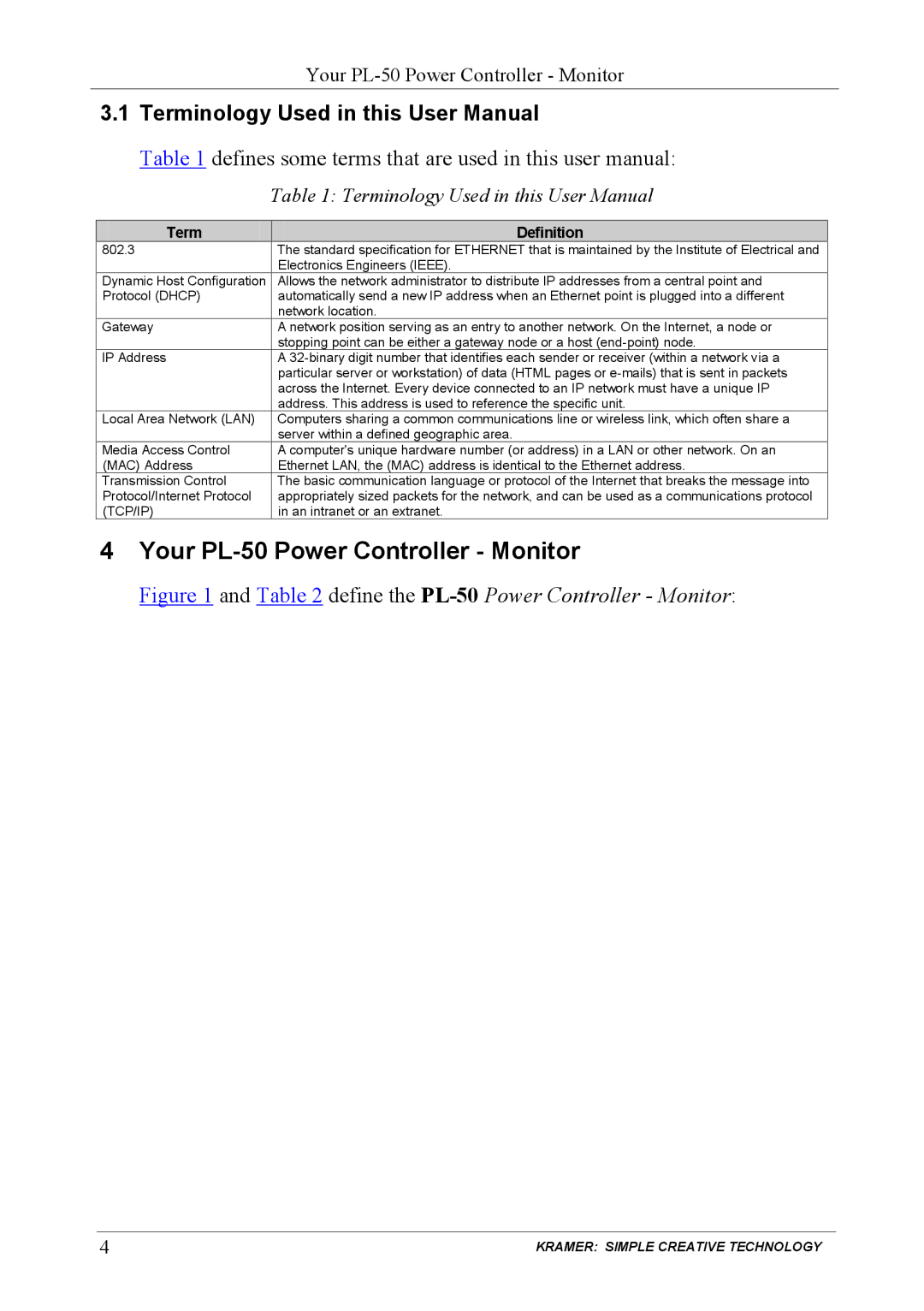 Kramer Electronics PL-150 user manual Your PL-50 Power Controller Monitor 