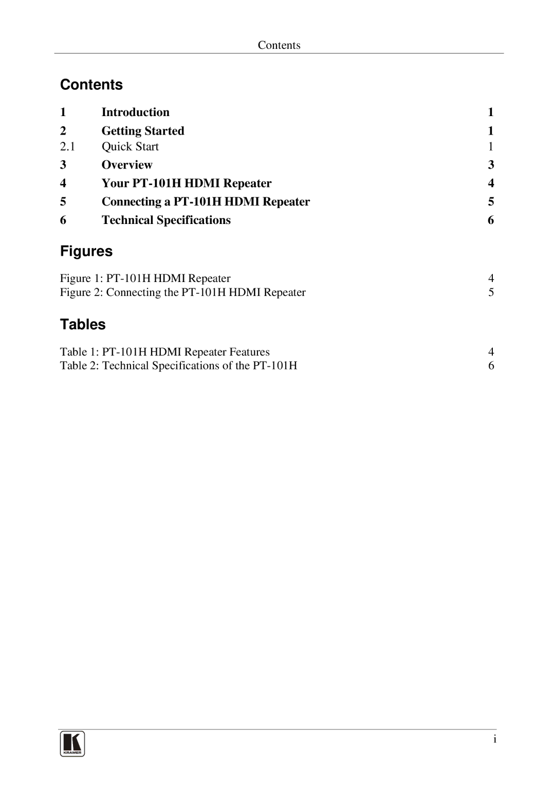 Kramer Electronics PT-101H user manual Contents, Tables 