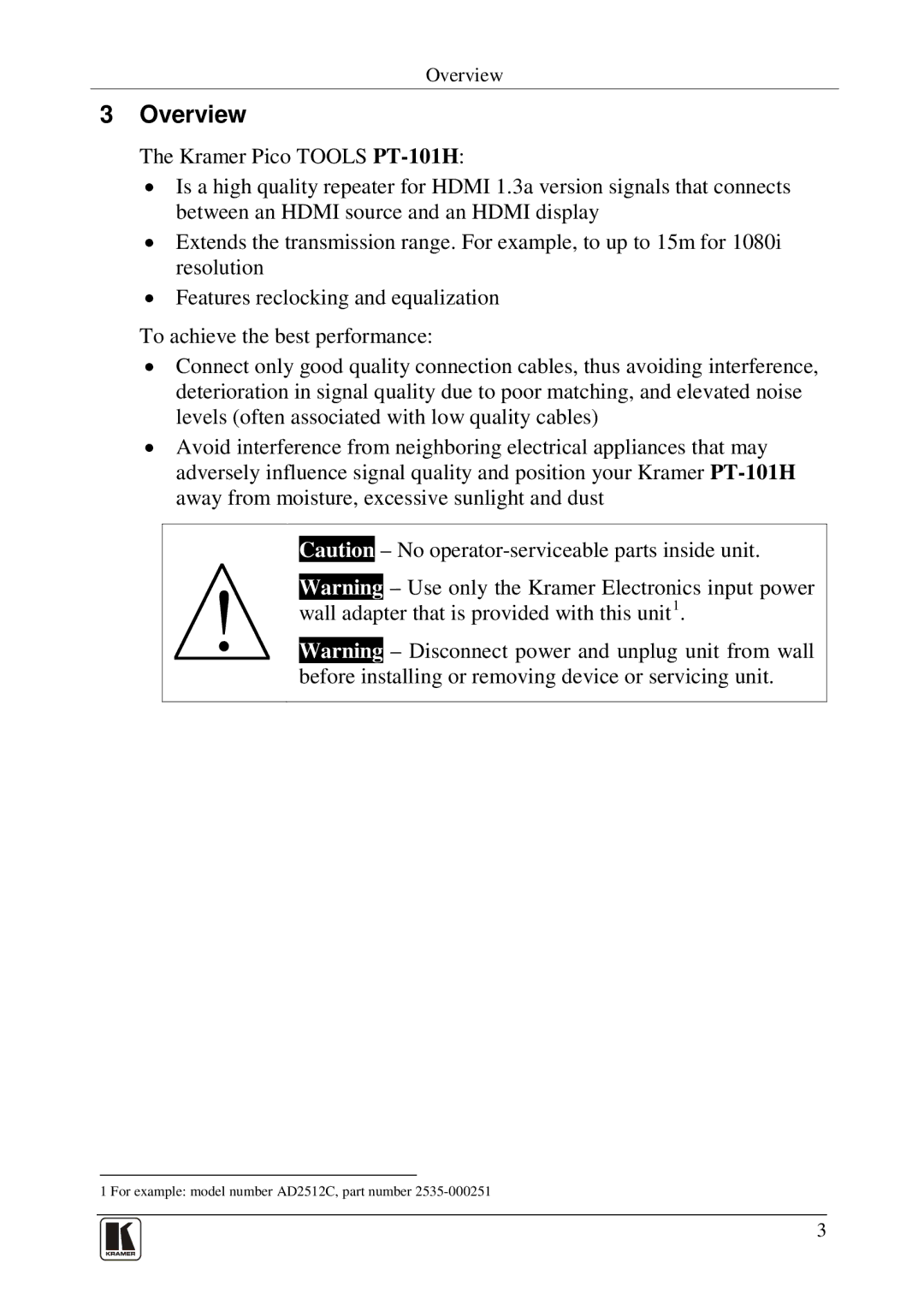 Kramer Electronics PT-101H user manual Overview 