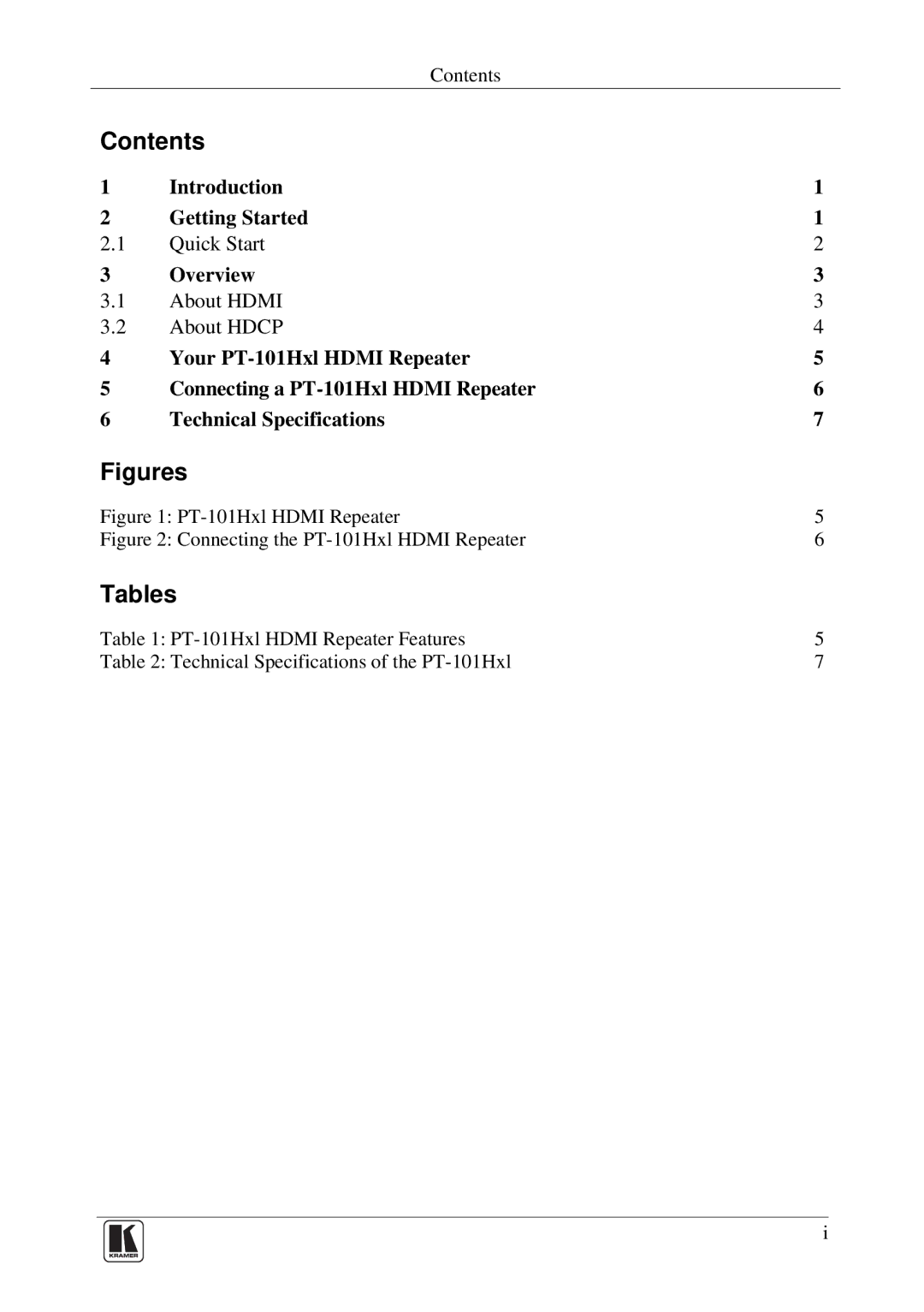 Kramer Electronics PT-101Hxl user manual Contents, Tables 