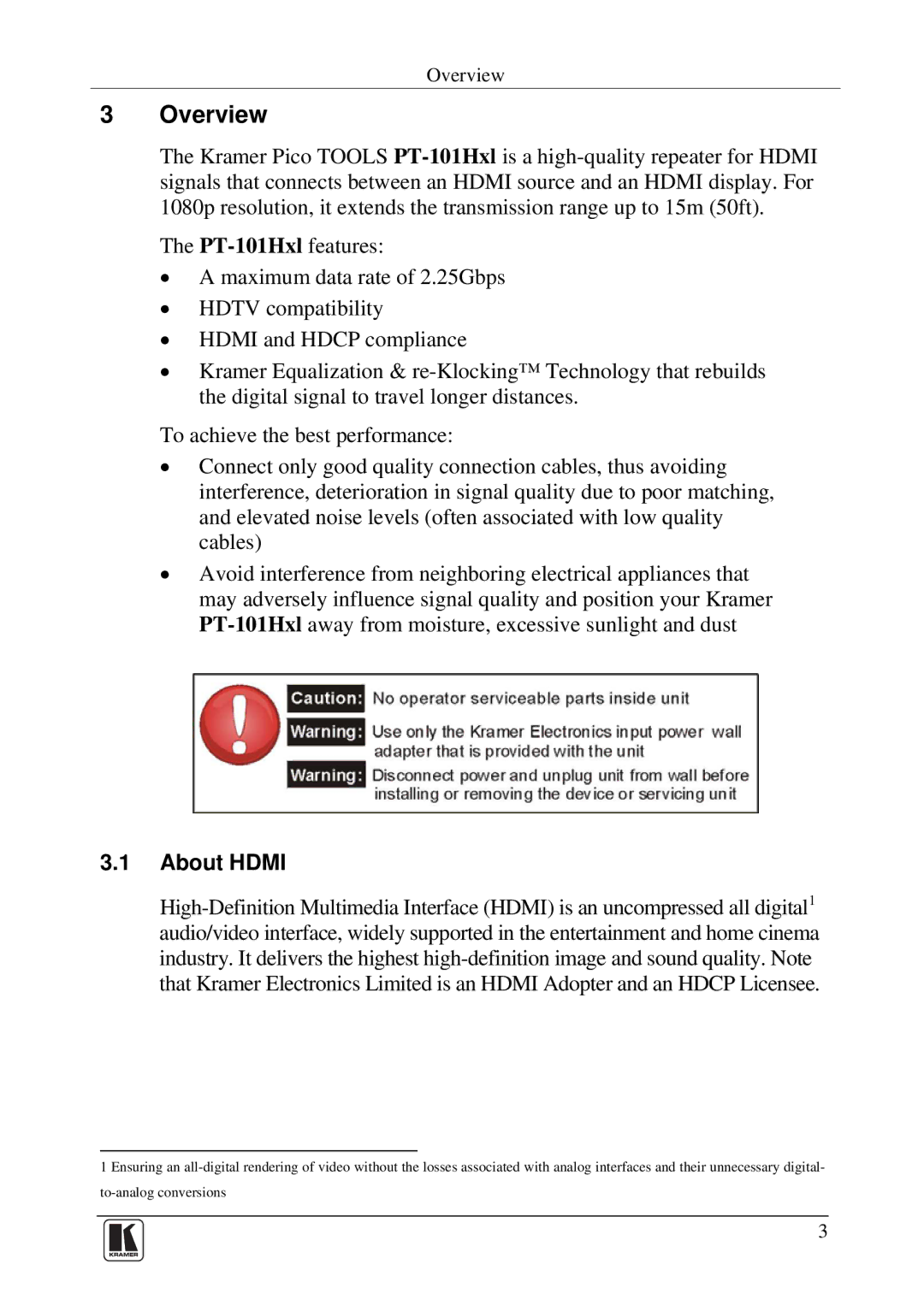 Kramer Electronics PT-101Hxl user manual Overview, About Hdmi 