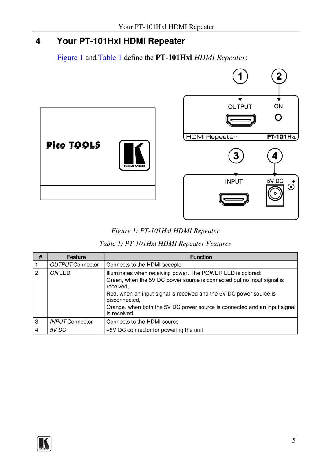 Kramer Electronics user manual Your PT-101Hxl Hdmi Repeater, PT-101Hxl Hdmi Repeater Features 