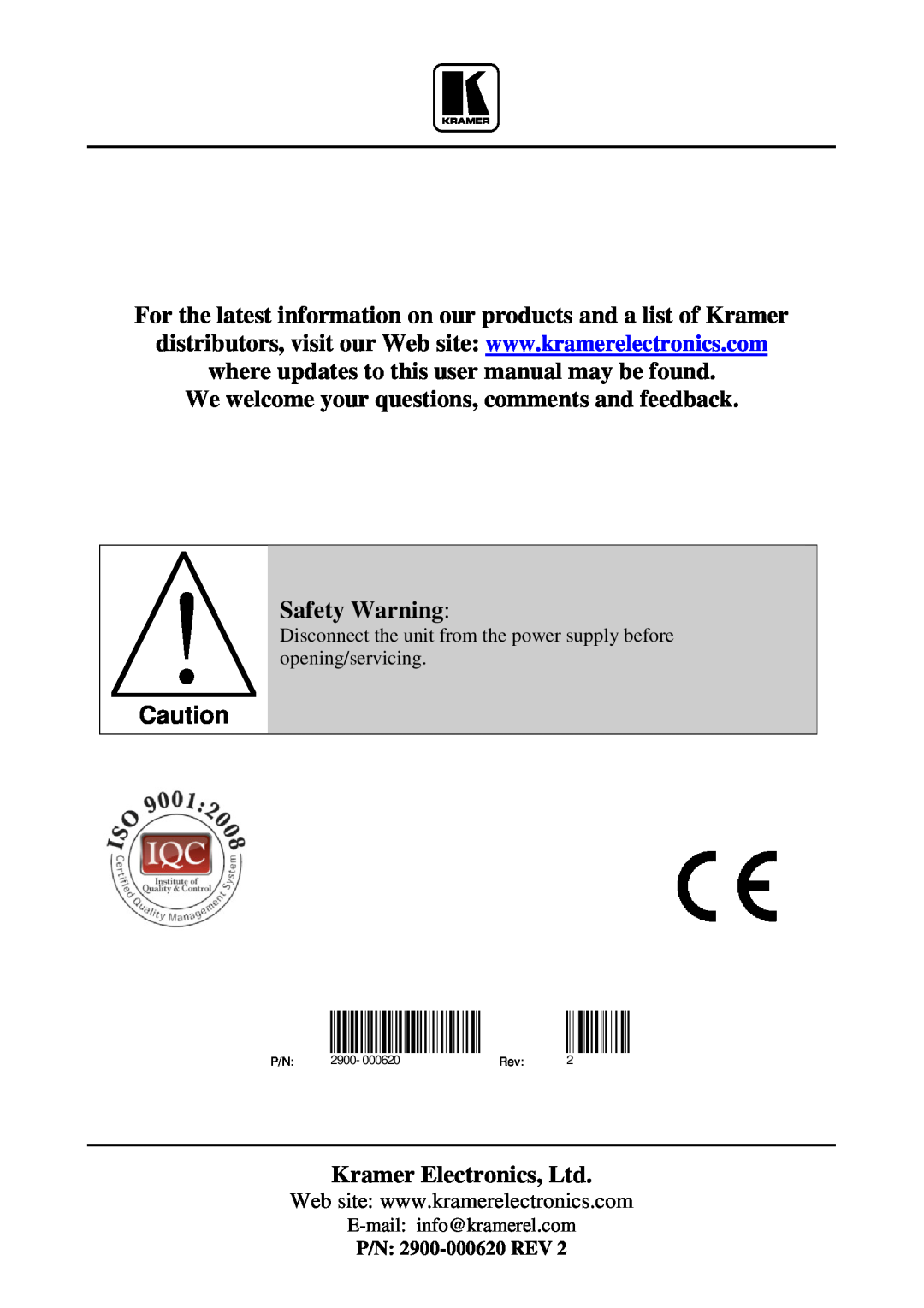 Kramer Electronics PT-101Hxl We welcome your questions, comments and feedback Safety Warning, E-mail info@kramerel.com 