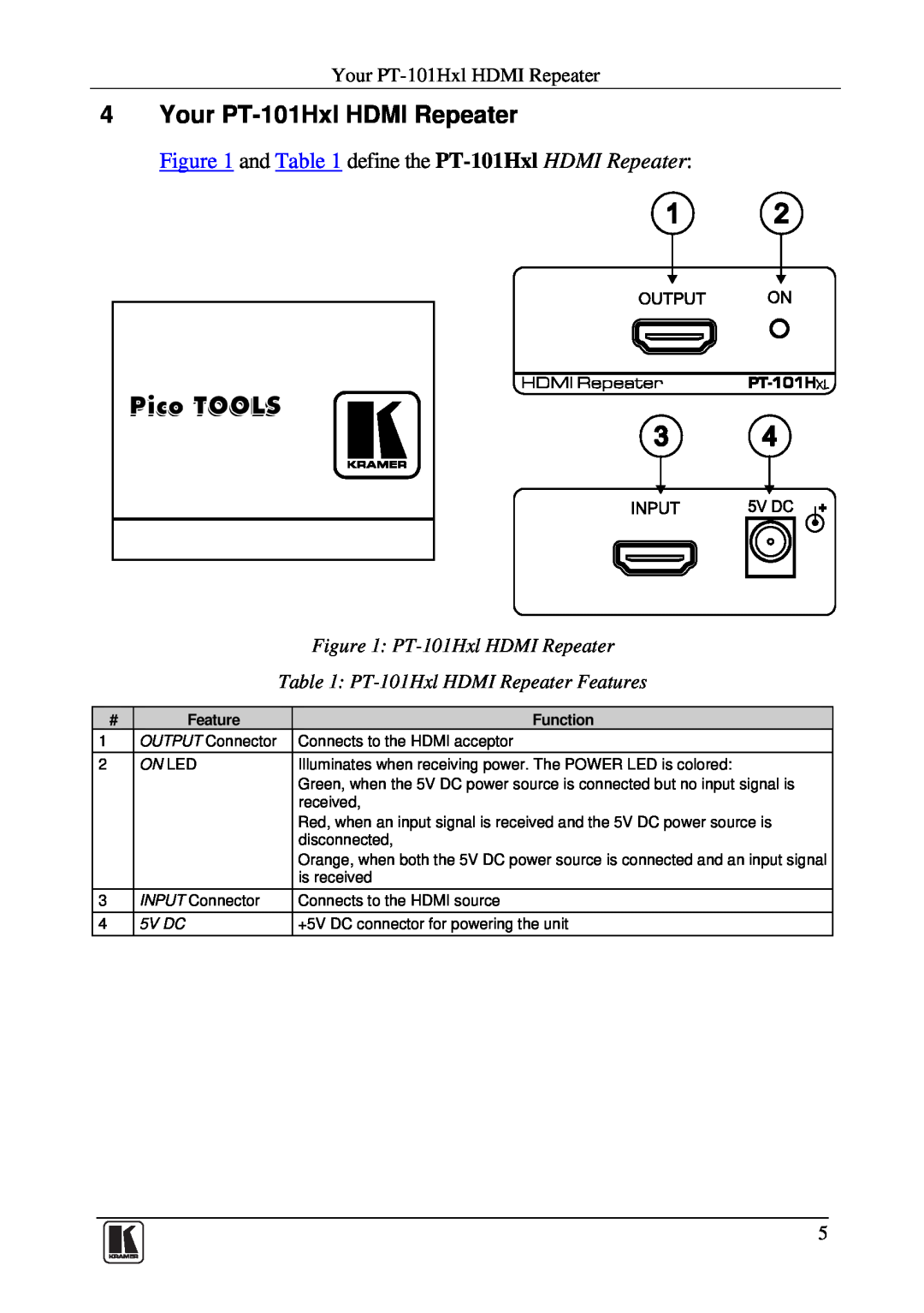 Kramer Electronics user manual Your PT-101Hxl HDMI Repeater, PT-101Hxl HDMI Repeater Features, Function, On Led, 5V DC 