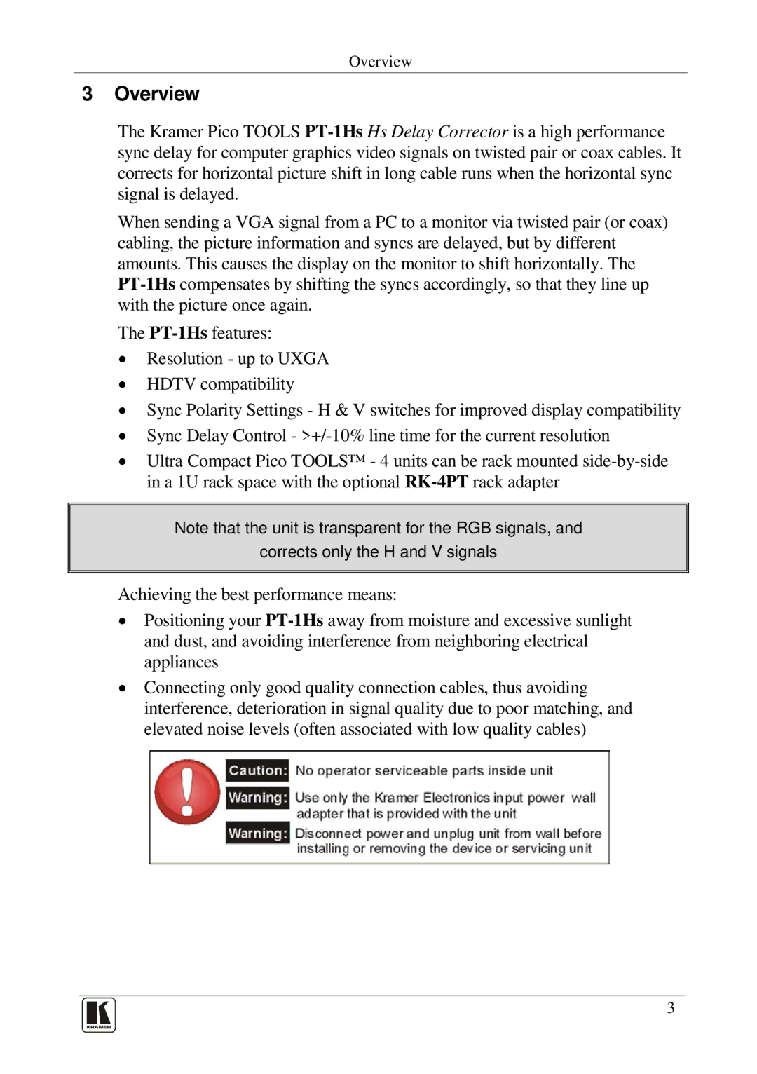 Kramer Electronics PT-1Hs user manual Overview 