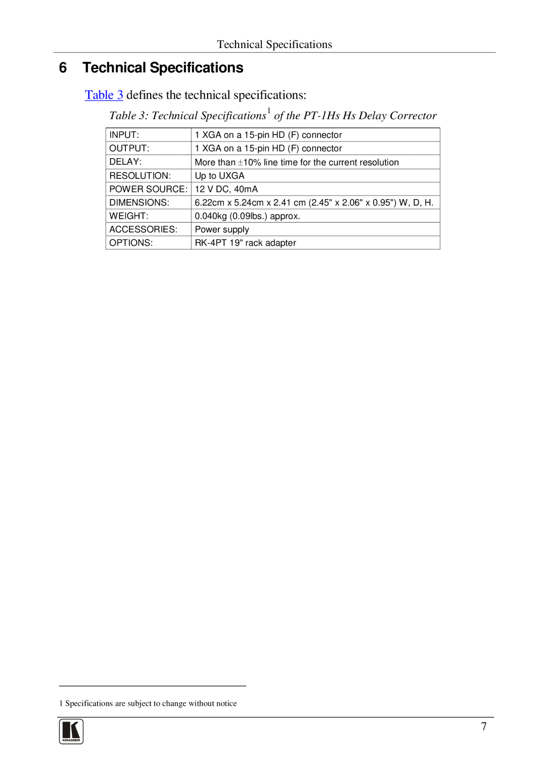 Kramer Electronics PT-1Hs user manual Technical Specifications, Defines the technical specifications 