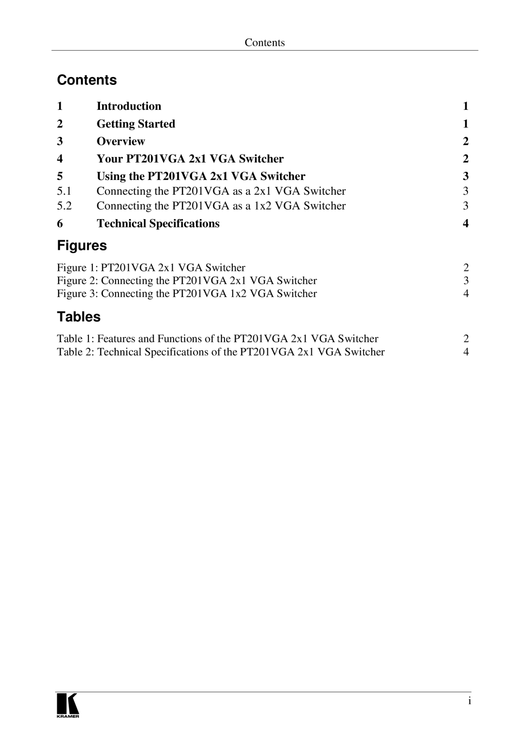 Kramer Electronics PT201VGA user manual Contents, Tables 