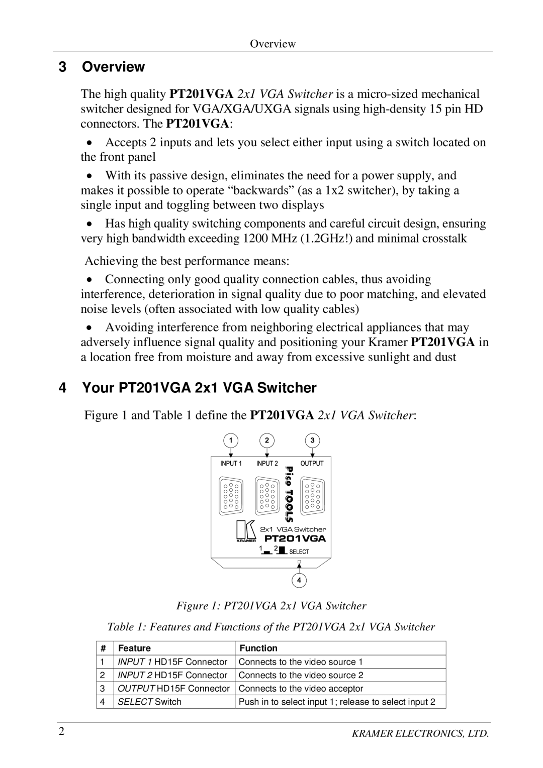 Kramer Electronics user manual Overview, Your PT201VGA 2x1 VGA Switcher 