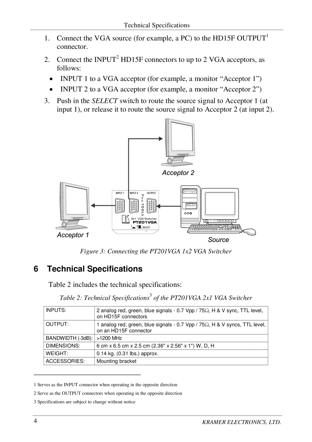 Kramer Electronics PT201VGA user manual Technical Specifications, Includes the technical specifications 